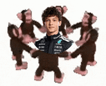 a man with the word ineos on his shirt is surrounded by pink monkeys