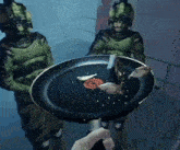 a video game character is holding a frying pan with a piece of meat in it