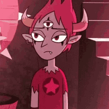 a cartoon character with horns and a star on his shirt is standing in front of stairs .