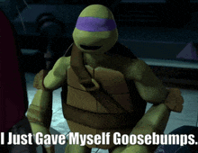 a picture of a teenage mutant ninja turtle with a caption that says i just gave myself goosebumps