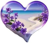 a purple heart with purple flowers on it and a beach in the background