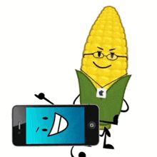 a cartoon corn on the cob is standing next to a cellphone