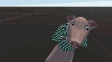 a cartoon pig is wearing a green and white striped shirt with the letter s on it