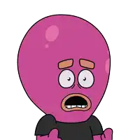 a pink cartoon character with a black shirt on