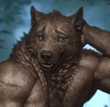 a werewolf with muscles is scratching his head while smiling .