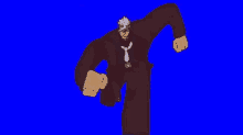 a cartoon character is running with a fist in the air on a blue screen .
