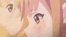 a close up of a anime girl 's eye with a purple background
