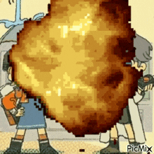 a cartoon of a boy and a girl standing next to each other with a huge explosion in the background .