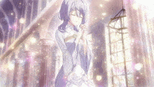 a girl in a white dress is praying in a room
