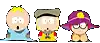 a group of three cartoon characters are standing next to each other .