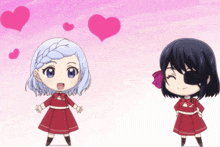 two anime girls are standing next to each other with hearts floating in the background