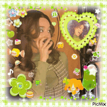 a picture of a woman talking on a phone with a green heart surrounding her and the words picmix below it