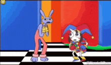 a cartoon of a rabbit and a jester are standing next to each other on a checkered floor .