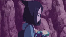 a girl with blue hair and a purple background is holding something