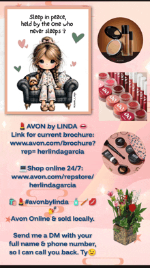 a poster for avon by linda with a girl sitting on a couch