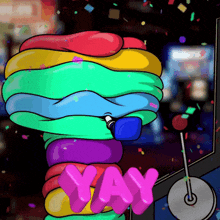 a cartoon of a rainbow colored worm with the word yay in pink