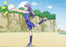 a girl with purple hair is holding a tambourine