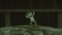 a frog with its arms outstretched is hanging from a wooden fence
