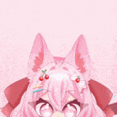 a cartoon character with pink hair and a cherry on her head