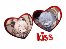 a couple of hearts with the word kiss in red