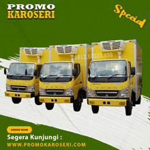 three yellow trucks are lined up next to each other with the words promo karoseri written on the top