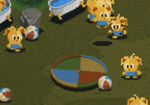 a bunch of cartoon characters are playing with balls