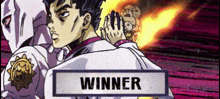 a cartoon of a man standing next to a fire with a winner sign .