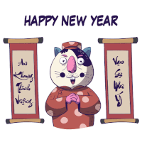a happy new year greeting card with a cat in a polka dot outfit