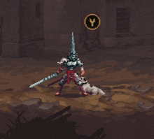 a pixel art illustration of a knight with a sword and a spear