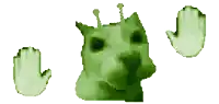 a green cat is surrounded by two green hands on a white background