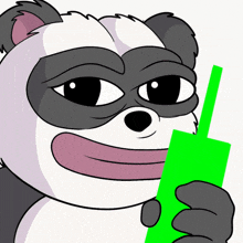 a cartoon drawing of a panda holding a green straw