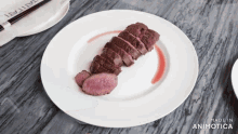 a white plate with a piece of meat on it and the words made in animotica below it