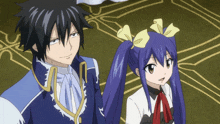 a man and a girl with blue hair are standing next to each other