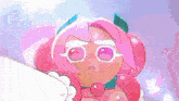 a cartoon character with pink hair and white eyes is looking at the camera .