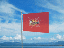 a red flag that says buster is flying in the wind