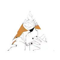 a cartoon drawing of a person standing next to a green triangle with a face on it .