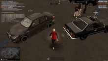 a screenshot of a video game shows a man standing in front of a car that says mrc 428