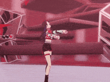 a girl in a red top and shorts is dancing