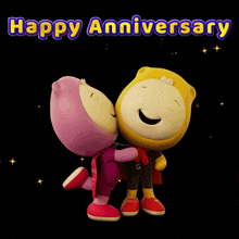 a happy anniversary card with a couple of stuffed animals