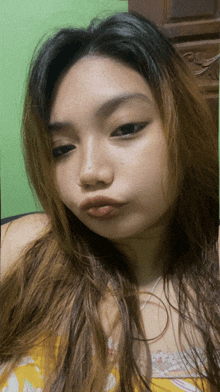 a woman with long brown hair looks at the camera