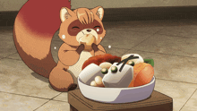 a cartoon squirrel is eating food from a bowl with a letter k on it