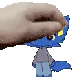 a hand is petting a blue cartoon character on a white background