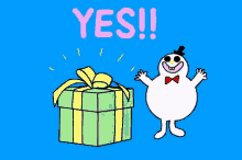 a cartoon of a snowman standing next to a gift box with the word yes above it