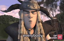 a cartoon character says everybody in a gif maker