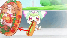 a cartoon cat is eating a hot dog with ketchup and lettuce