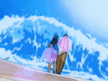 a woman holding a surfboard stands on the beach