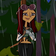 a cartoon girl with sunglasses and a bandaged arm