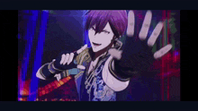 a man in a blue shirt and black gloves is dancing on a stage .