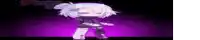 a cartoon character is standing in front of a purple background holding a sword .