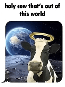 a cow with a halo on its head is in front of the earth .
